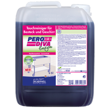 Ein 5-Liter-Kunststoffbehälter des Dr. Schnell PERO DIVA Tauchbadreinigers für Küchen- und Lebensmittelhygiene der DR.SCHNELL GmbH & Co. KGaA, mit rosafarbenem und weißem Etikett mit Produktinformationen, Anweisungen und Bildern von glitzerndem Geschirr.