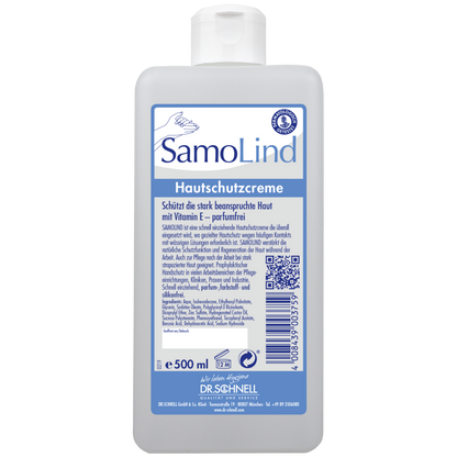 Eine 500 ml Flasche Dr. Schnell SAMOLIND Hautschutz der DR.SCHNELL GmbH & Co. KGaA mit blau-weißer Beschriftung, Produktdetails, Barcode, QR-Code und Text zum Hautschutz mit Vitamin E für die professionelle Anwendung.