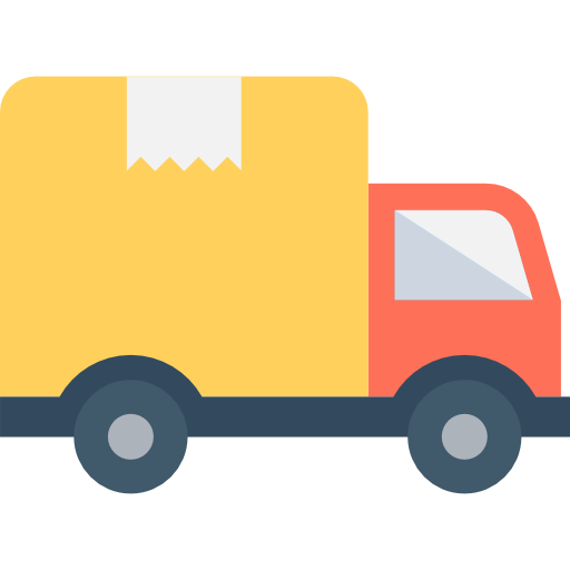 Eine vereinfachte Darstellung eines Lieferwagens mit einer gelben Ladefläche und einem orangefarbenen Führerhaus. Der Lastwagen hat schwarze Räder und die Ladefläche weist oben ein weißes Etikett mit gezackten Kanten auf. Der Lastwagen zeigt nach rechts.