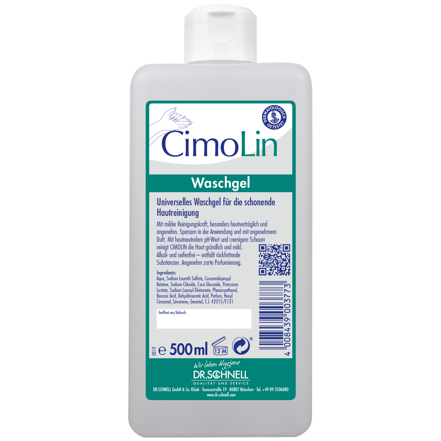 Eine weiße 500 ml Dr. Schnell CIMOLIN Spenderflaschen Hautreinigung von DR.SCHNELL GmbH & Co. KGaA mit grüner Kappe und deutschem Etikett - ideal für die sanfte Pflege und effektive Reinigung der Haut.