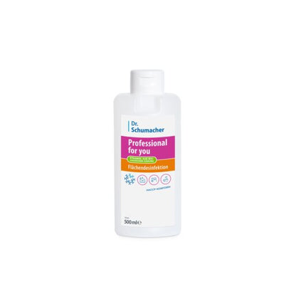 Tá lipéad ildaite le codanna gorma, corcra, buí agus oráiste agus siombailí do shláinteachas agus díghalrú vírusicíd agus glanadh ar bhuidéal bán 500 ml den díghalrú dromchla Professional for you ón Dr. Schumacher GmbH.