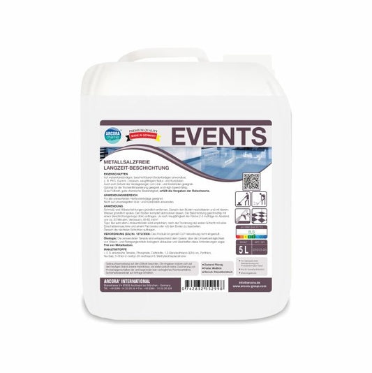 Die Arcora Events Metallsalzfreie Langzeit-Beschichtung wird in einem weißen 5-Liter-Kunststoffkanister mit deutscher Gebrauchsanweisung, QR-Code, Bodensymbolen und Arcora International GmbH Logo geliefert. Ideal für professionelle Anwendungen mit umweltfreundlicher Beschichtung.