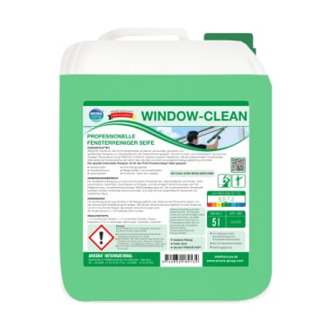 A green 5L Arcora WINDOW-CLEAN PROFESSIONAL WINDOW CLEANER SOAP from Arcora International GmbH, labeled in German with safety information and window cleaning image - ideal for streak-free, professional window cleaning.