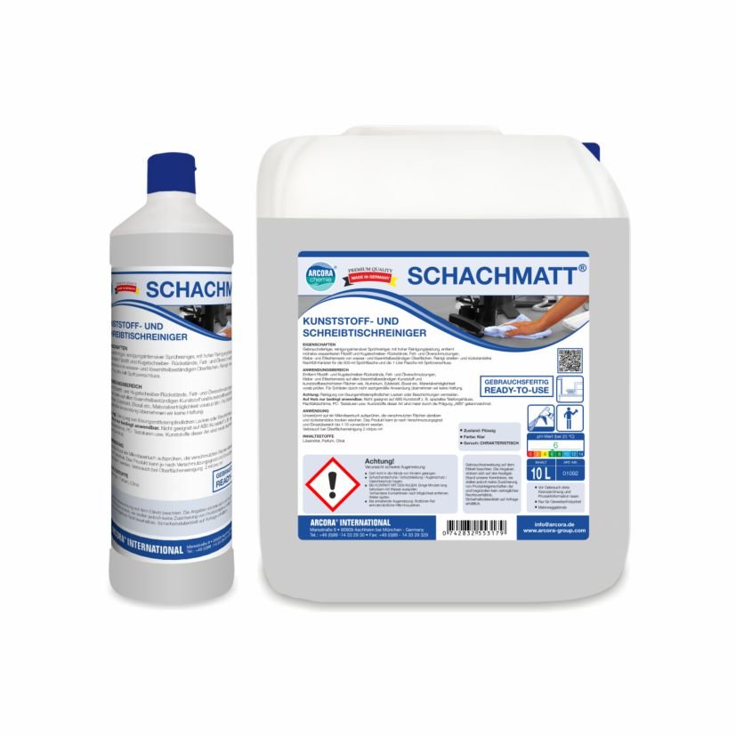 Pictured are two containers of Arcora Checkmate Plastic and Desk Cleaner from Arcora International GmbH - a bottle and a 10-liter canister - both with blue and white German labels containing product information, instructions, and safety warnings.