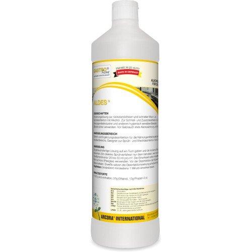 Tá buidéal bán 1-lítear le lipéad "Arcora Aldes Alkoholische Schnelldesinfektion Für Den Lebensmittelbereich" ó Arcora International GmbH feistithe le treoir úsáide Gearmánach, pláta dearg "Cáilíocht Préimhe Déanta sa Ghearmáin" agus rabhadh ar an lipéad.