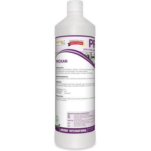 A white plastic bottle from Arcora International GmbH with the label "Arcora proxan", German text, and purple accents, is described as an effective stainless steel, fittings, and appliance cleaner (1L, pack of 12).