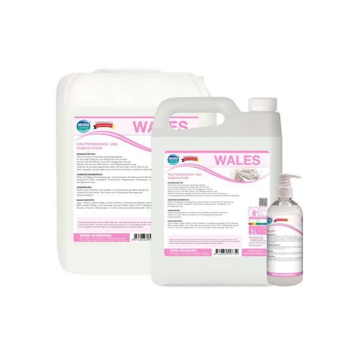 Three Arcora WALES SKIN CLEANSING AND SHOWER LOTION containers from Arcora International GmbH - pump bottle, jug, and canister with white and pink lettering - mild shower lotion for all skin types.