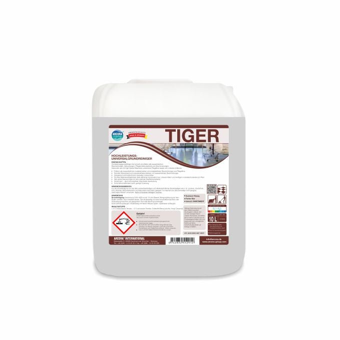 A white 10-liter plastic canister from Arcora International GmbH bears the label "TIGER", product details, hazard symbols, and cleaning instructions. It contains Arcora Tiger high-performance universal base cleaner for versatile cleaning tasks.