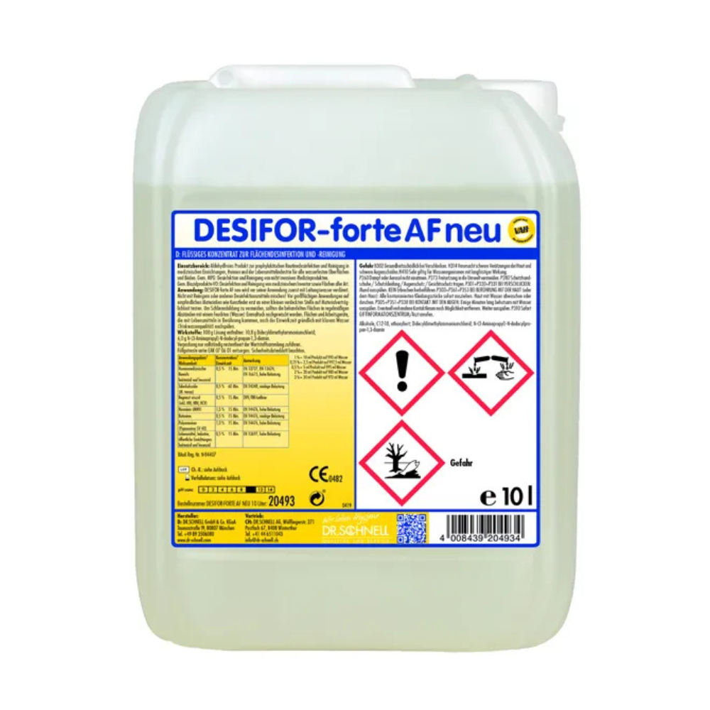 A 10-liter plastic container of Dr. Schnell Desifor-forte AF new surface disinfectant from DR.SCHNELL GmbH & Co. KGaA, with warning symbols and a yellow-white label with product, chemical, and application information.