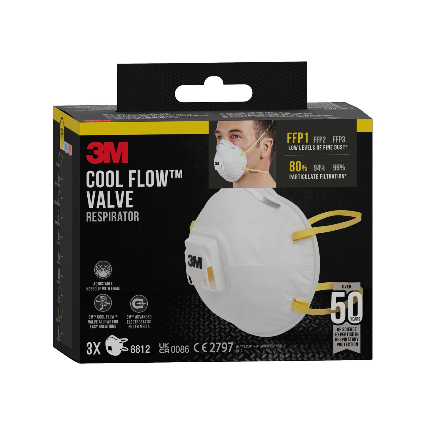 Die 3M™ Cool Flow™ Partikelmaske 8812, FFP1 mit Ventil, 3er-Pack von 3M Deutschland GmbH wird in einer Box mit Maskenabbildungen und Benutzerillustration geliefert. Jede Packung enthält drei Atemschutzmasken, die für komfortablen Atemschutz ausgelegt sind.