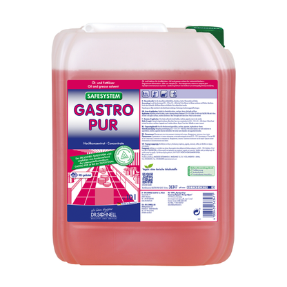 Dr. Schnell Gastro Pur oil and grease remover from DR.SCHNELL GmbH & Co. KGaA is a pink cleaning concentrate in a transparent container with a green cap, designed for professional use in food processing businesses and labeled with German text and safety symbols.