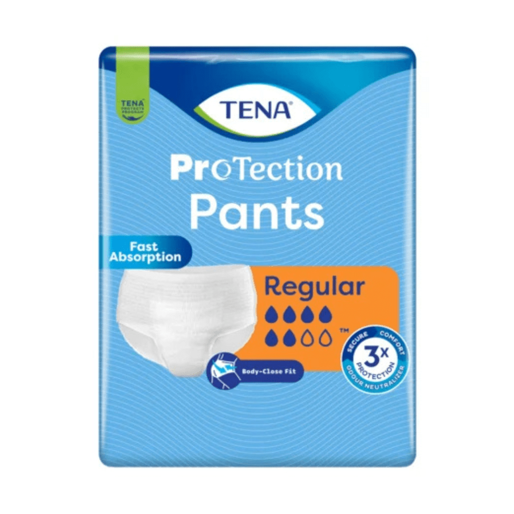 TENA - Essity Germany GmbH's TENA Protection Pants Regular Incontinence Pants: fast absorption, body-close fit, triple comfort, odor neutralizer, droplet symbols for absorbency. Blue-orange design with product photo and inscription of key features.
