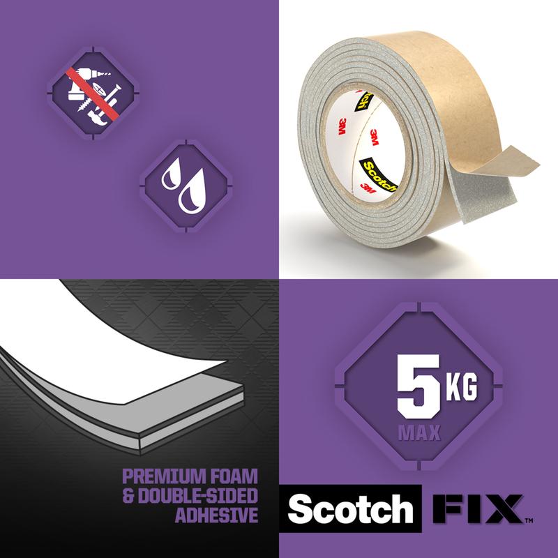 An advertisement image for the Scotch-FIX™ Mirror Mounting Tape 4496W from 3M Deutschland GmbH shows the tape roll, the label "Max. Weight 5 kg," the symbols "No Nails" and "Water Resistance," and the text "Premium Foam and Double-Sided Adhesive" - ideal for mirror mounting.