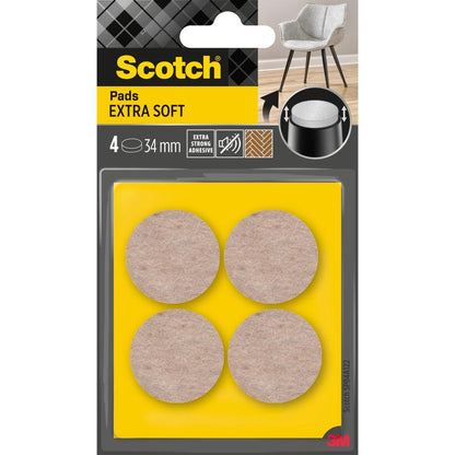 A pack of 3M Scotch® Extra Soft Felt Pads, self-adhesive, beige (4 round pads, 34mm), offers extra strong adhesive for floor protection under furniture.