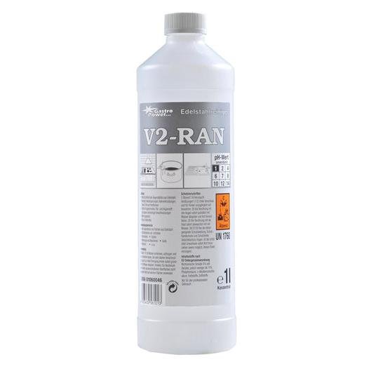 GastroPower V2-RAN, 1 l (4*1) from Abena Re-Seller GmbH: Stainless steel cleaner in a plastic bottle with gray/white label, instructions, pH scale, and hazard symbols - ideal for hygienic cleaning in catering establishments.