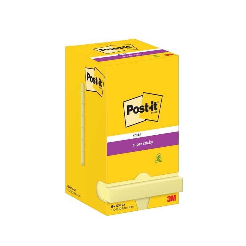 A yellow box of Post-it® Super Sticky Notes (76 mm x 76 mm, 90 sheets/block) from 3M Deutschland GmbH is depicted standing upright, with the brand and product name and a bottom opening for easy note removal.