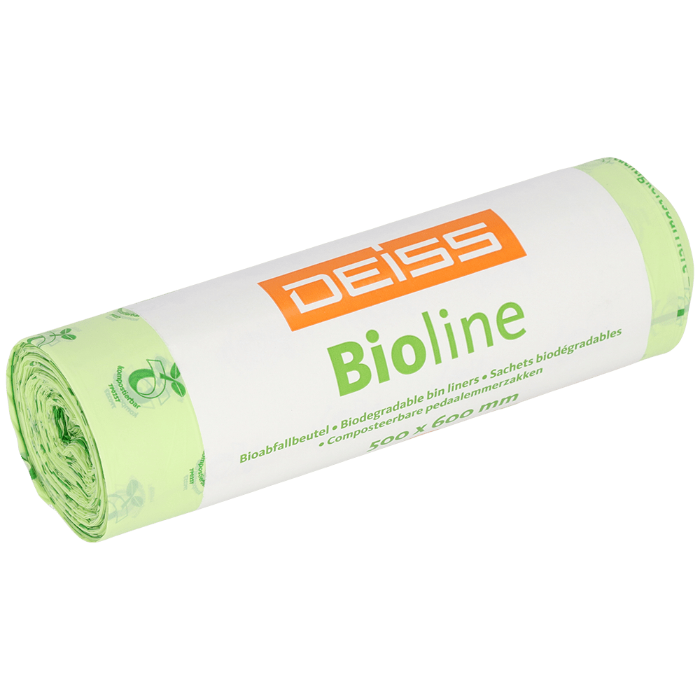 A roll of EMIL DEISS KG DEISS BIOLINE trash bags, made of biodegradable film, 30L, natural color, 500x600x0.018 mm (20 pieces), highlights their compostable properties for sustainable waste disposal.