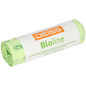 A roll of EMIL DEISS KG DEISS BIOLINE trash bags, made of biodegradable film, 30L, natural color, 500x600x0.018 mm (20 pieces), highlights their compostable properties for sustainable waste disposal.