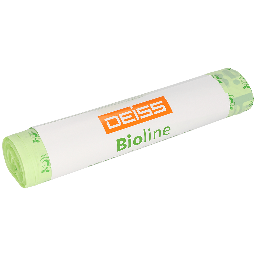 An unopened roll of EMIL DEISS KG (GmbH + Co.) DEISS 6071 biodegradable bags (500+450x1250x0.022mm, natural) with white-orange "DEISS Bioline" label; contains 5 tightly packed bags per roll.