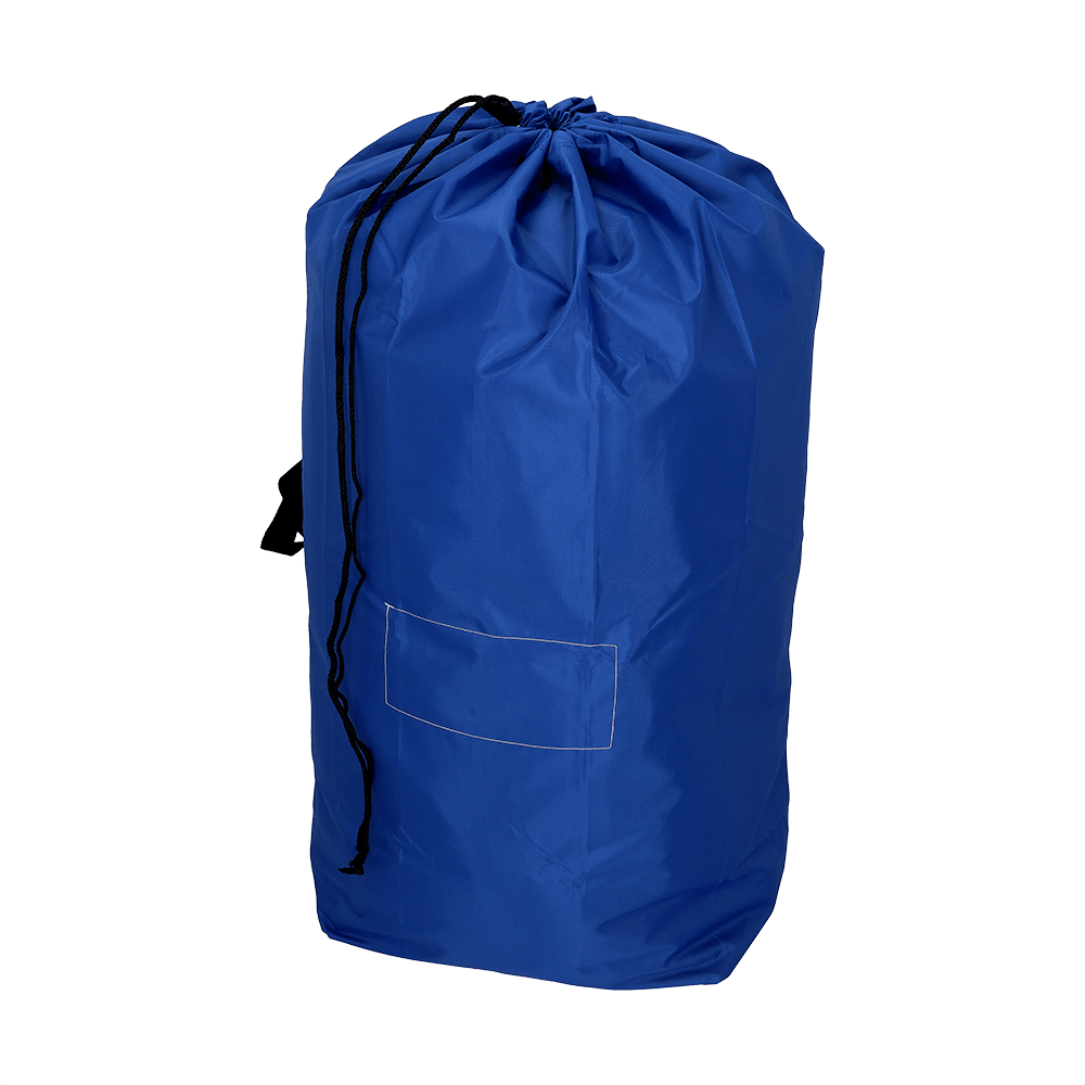The DEISS 6505 reusable waste bag (700x1100 mm, blue) from EMIL DEISS KG features a black cord and a rectangular front pocket, photographed against a white background.