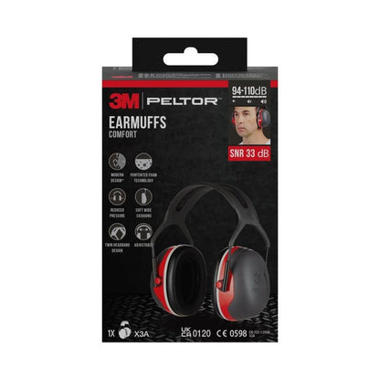 A box of 3M™ PELTOR™ Comfort Earmuffs from 3M Deutschland GmbH in black and red, showing the earmuffs, a wearer, and features like SNR 33 dB and protection range of 94-110 dB on the packaging.