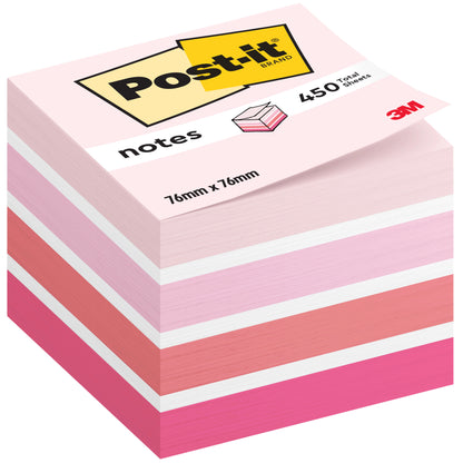 Ein Stapel Post-it® Notes Würfel, 76 mm x 76 mm, 450 Blatt pro Block, von 3M Deutschland GmbH. In Rosa-, Weiß- und Pfirsichtönen; die Verpackung trägt das "Post-it"-Logo und weist auf die 100%ige PEFC-Zertifizierung hin.