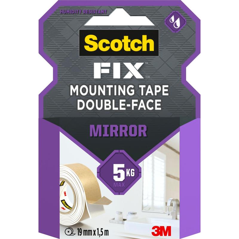 A pack of Scotch-FIX™ Mirror Mounting Tape 4496W from 3M Deutschland GmbH contains double-sided tape for mirrors, supports up to 5 kg, is 19 mm x 1.5 m in size, and features a mostly purple design with tape and sink motifs.