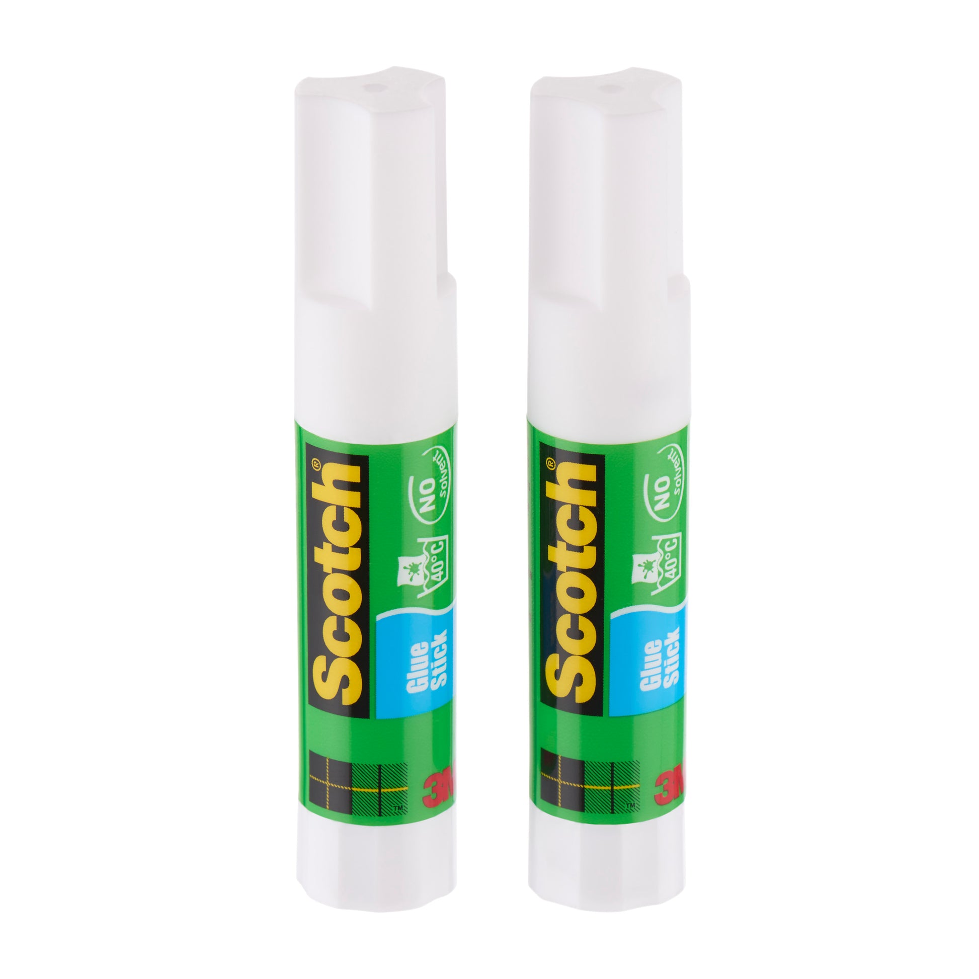 Zwei Scotch® Permanent-Klebestifte (je 8 g, 2er-Pack) der 3M Deutschland GmbH stehen aufrecht nebeneinander auf weißem Untergrund.