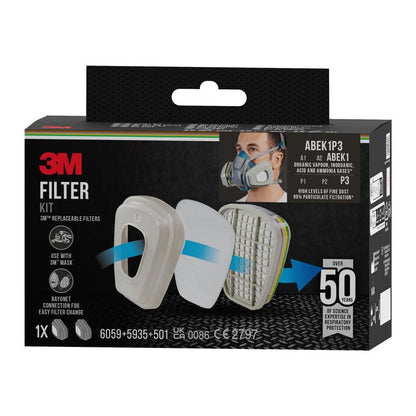 The 3M™ Filter Set 6004-1 box (from 3M Deutschland GmbH) shows a respirator mask, ABEK1P3 Combination Filter (2x6059, 2x5935, 2x501), filter case, compatibility with 3M masks, and emphasizes over 50 years of respiratory protection expertise.