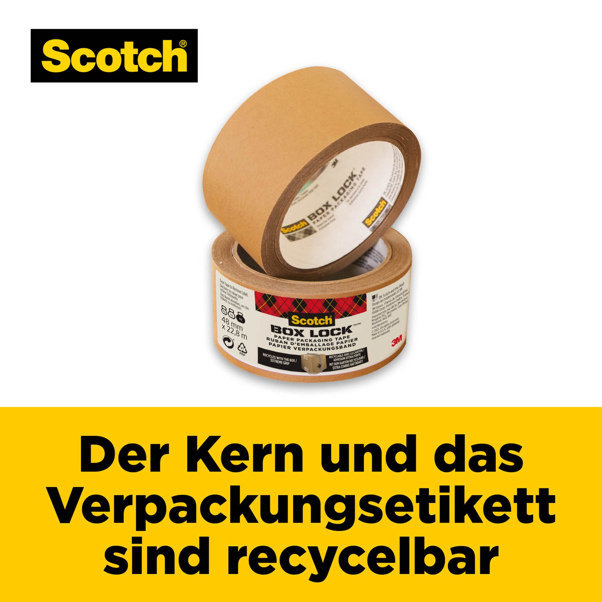 Auf einer gelben Rolle Scotch® Box Lock™ Papier-Verpackungsband (48 mm x 22,8 m) der 3M Deutschland GmbH steht der Text "Der Kern und das Verpackungsetikett sind recycelbar".