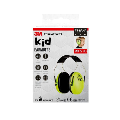 Front view of a 3M™ PELTOR™ earmuff for children packaging by 3M Deutschland GmbH with neon green earmuffs and black ear cups. The packaging displays product details, certifications, and noise protection values.