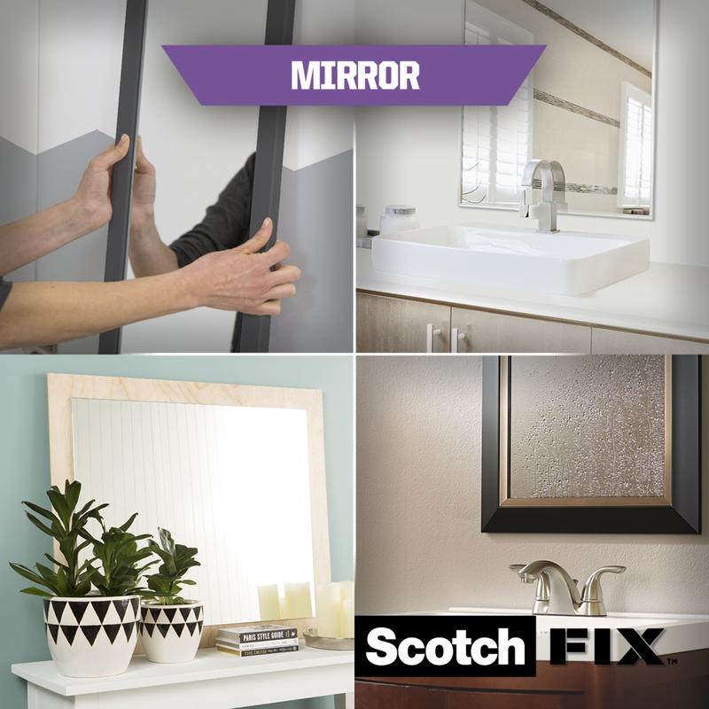 A collage of four images shows mirrors: hands mounting one with 3M Deutschland GmbH Scotch-FIX™ Mirror Mounting Tape 4496W, a bathroom mirror, a shelf mirror with plants, and a framed mirror. The text reads "MIRROR" and "Scotch FIX."