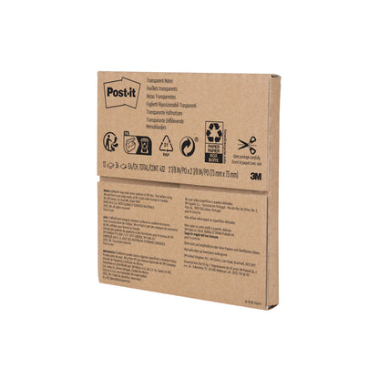 Eine versiegelte braune Verpackung der 3M Deutschland GmbH Post-it® Transparente Notizzettel (73 x 73 mm, 36 Blatt/Block, 12 Blöcke/Packung) ist mit einem Branding, Recycling-Symbolen und mehrsprachigen Informationen wie "transparente Notizzettel" versehen.
