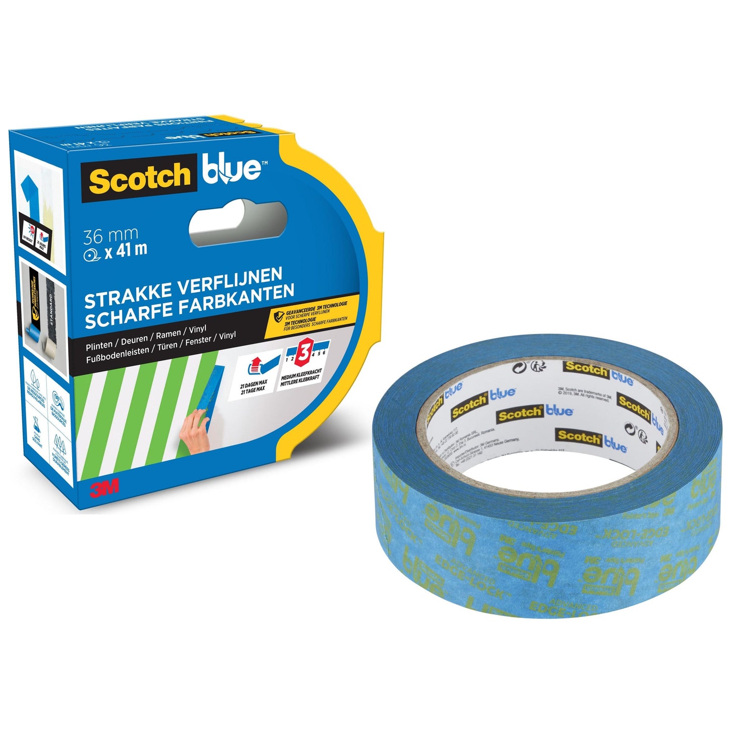 Eine Rolle ScotchBlue™ Malerabdeckband für scharfe Linien von 3M Deutschland GmbH liegt neben der Verpackung, beschriftet mit 36 mm x 41 m und mit Produktinformationen in Niederländisch und Deutsch sowie einem grün gestreiften Klebebandmotiv.