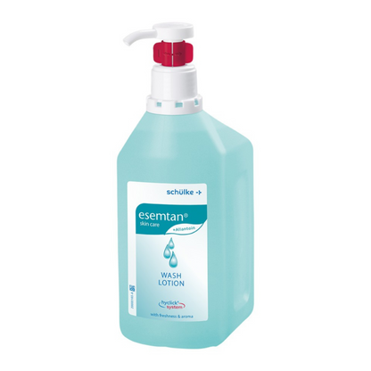 A clear plastic bottle with a pump dispenser, labeled as 'Schülke Esemtan® Wash Lotion'. The liquid in the bottle is light blue.