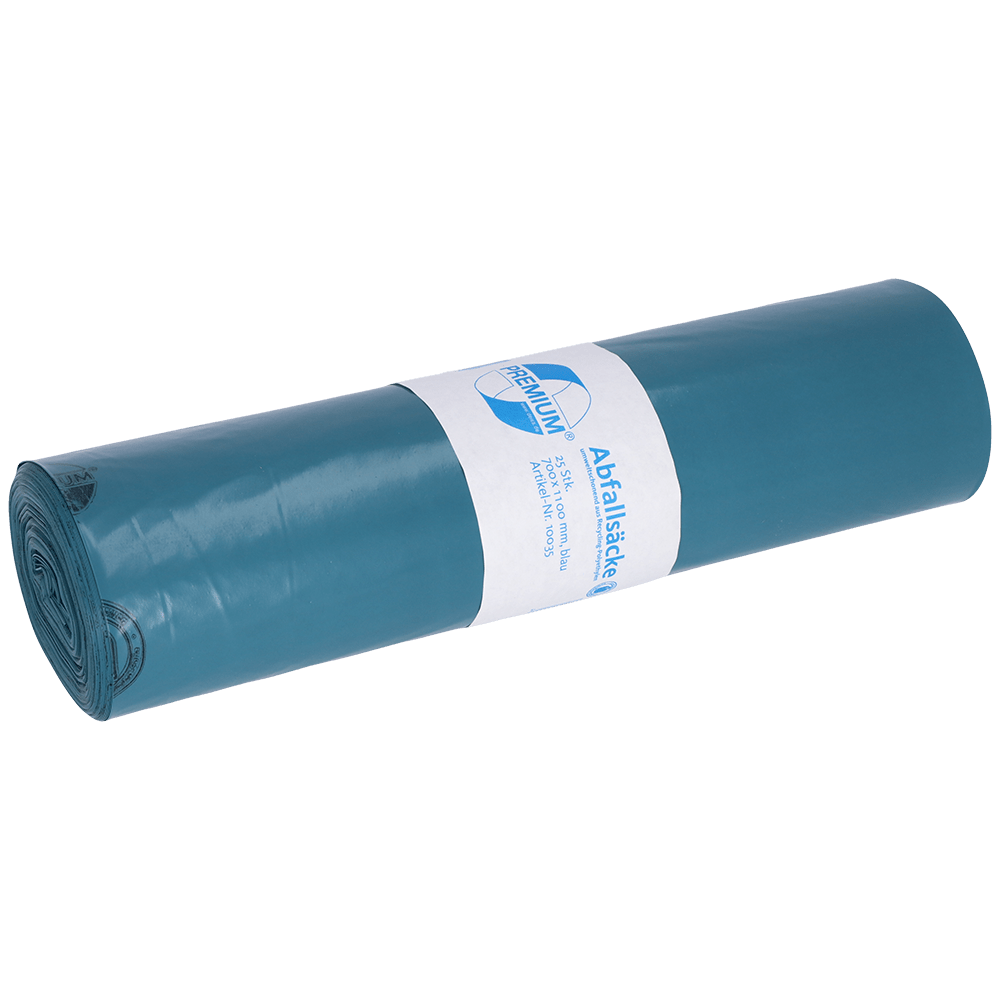 Pictured is a roll of EMIL DEISS KG (GmbH + Co.) DEISS 10035 garbage bags, blue, 700x1100x0.06 mm, 25 pieces per roll, with a white label with text and logo on a white background.