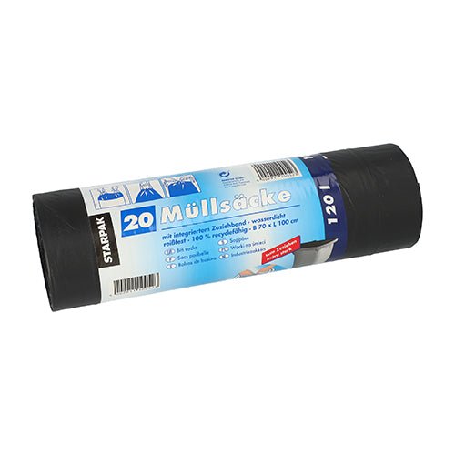 A roll of 20 black Starpak garbage bags made of LDPE (120l, 100x70cm) with drawstring, banderole with product information, recycling symbol, and instructions in German.