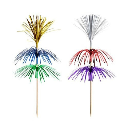 The PAPSTAR 100 decoration picks from PAPSTAR GmbH made of wood, adorned with tinsel in gold, silver, blue, red, green, and purple – ideal for elegant presentations on a white background.