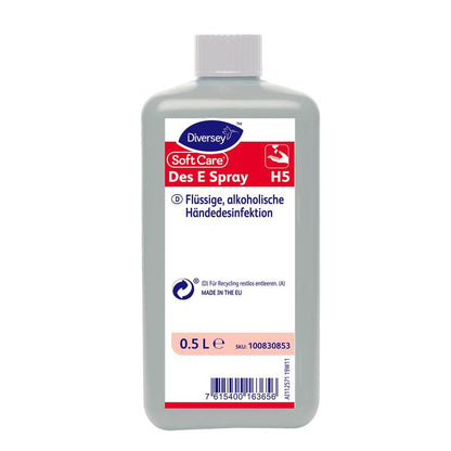 A 0.5-liter bottle of Soft Care Des E Spray H5 hand sanitizer from Diversey Deutschland GmbH & Co. OHG, in a practical spray form, labeled in German with a gray body, white cap, and product/recycling information on the front.