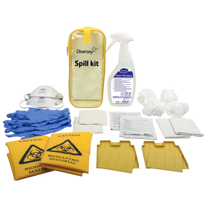 The Diversey Oxivir Plus Spray Spill Kit from Diversey Deutschland GmbH & Co. OHG, consisting of 1x Oxivir Plus Spray and 2x Spill Kits in a labeled yellow storage bag, is depicted on a white background.