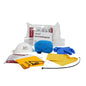 Shown is the Diversey Spill Kit Refill (2 pieces) from Diversey Deutschland GmbH & Co. OHG, with face mask, blue hair protection, gloves, yellow bags for biological hazards, absorbent pads, cable ties, and cleaning solution on a white background.