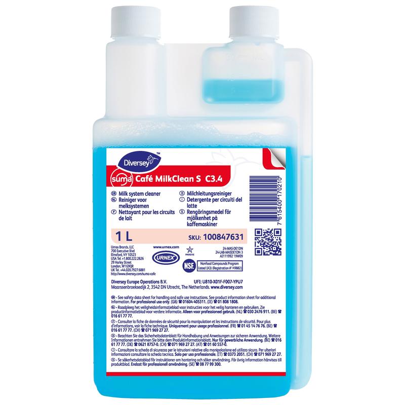A 1-liter bottle of Suma Café MilkClean S C3.4 milk system cleaner from Diversey Deutschland GmbH & Co. OHG, with blue liquid and a white-blue label with instructions for use, product information, and certifications for cleaning coffee machines.
