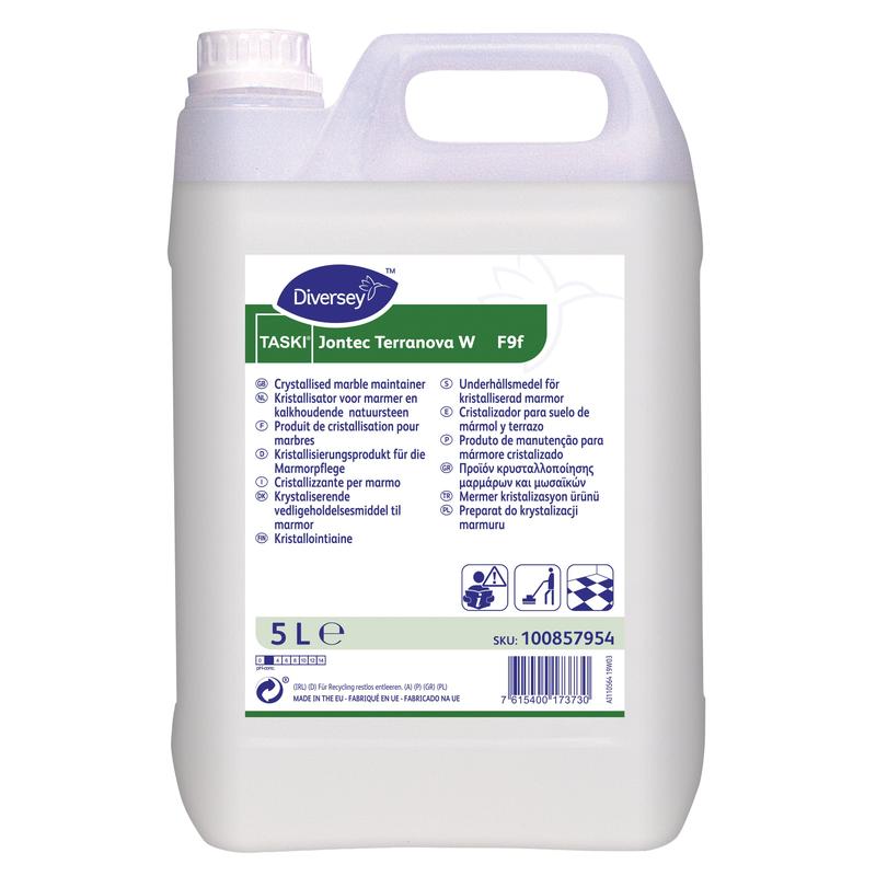 Diversey TASKI Jontec Terranova spray crystallization product, 5 l canister, ideal for shiny floors and flawless surfaces. From Diversey Deutschland GmbH & Co. OHG; suitable for the care of crystallized marble surfaces.