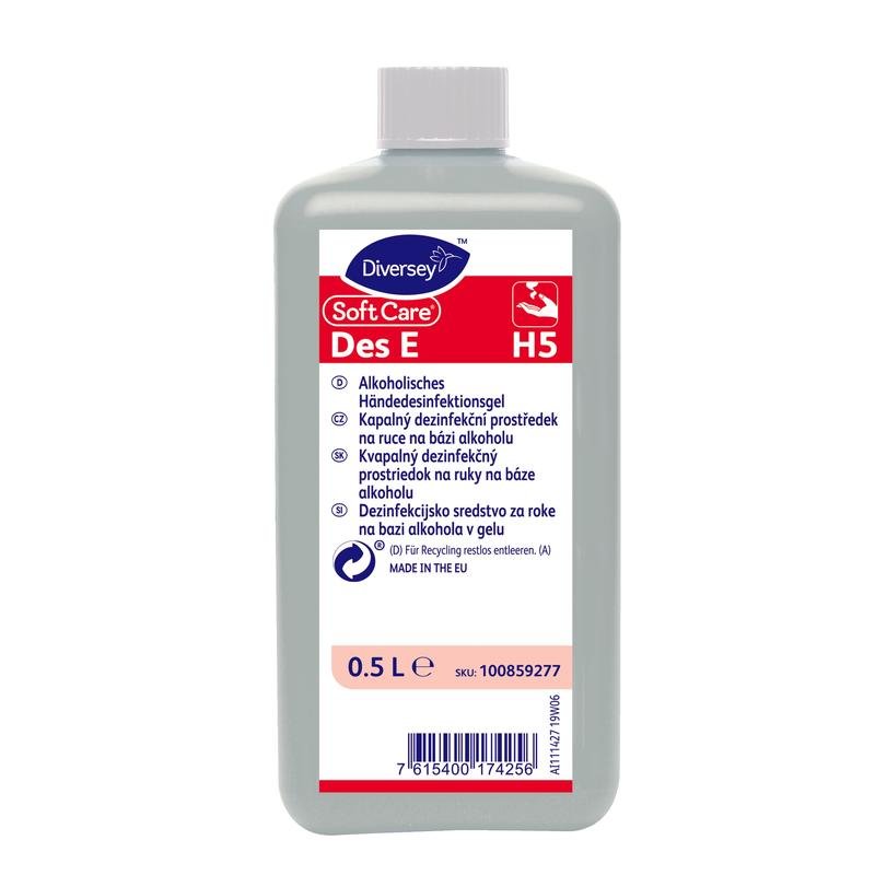 A 500 ml bottle of Diversey Deutschland GmbH & Co. OHG Soft Care Des E, VAH-listed, gel-form hand disinfectant with a multilingual label in blue, red, and white with instructions and information.