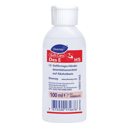 A white 500 ml bottle of Soft Care Des E, VAH-listed, gel-form hand disinfectant from Diversey Deutschland GmbH & Co. OHG, with a red and white German label and a blue barcode at the bottom.