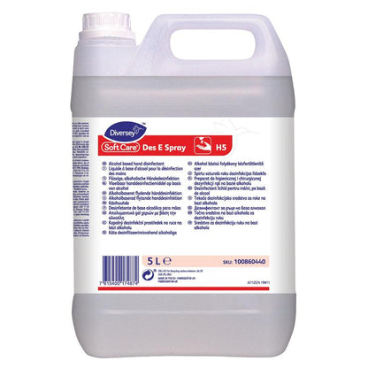 The 5-liter canister 'Soft Care Des E Spray H5' from Diversey Deutschland GmbH & Co. OHG offers safe hand disinfection in a practical spray form and features a multilingual white-red product labeling.