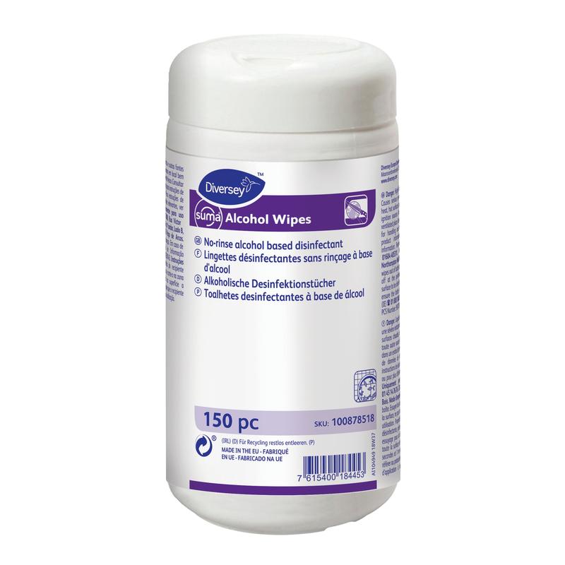 The white Suma Alcohol Wipes disinfectant wipes dispenser from Diversey Deutschland GmbH & Co. OHG contains 150 no-rinse wipes with an alcohol-based formula for hygienic cleaning, as indicated on the multilingual label.
