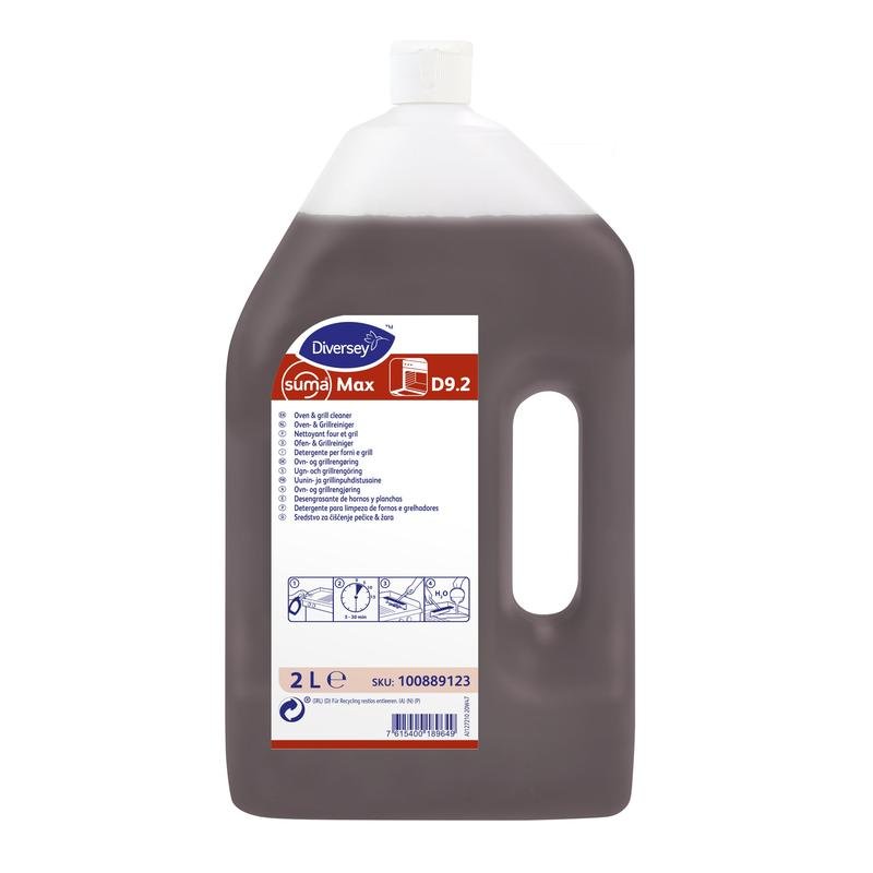 A 2L bottle of Diversey Suma Max D9.2 oven and grill cleaner (label-free) from Diversey Deutschland GmbH & Co. OHG, with a handle and white cap; front label with multilingual instructions and product information.