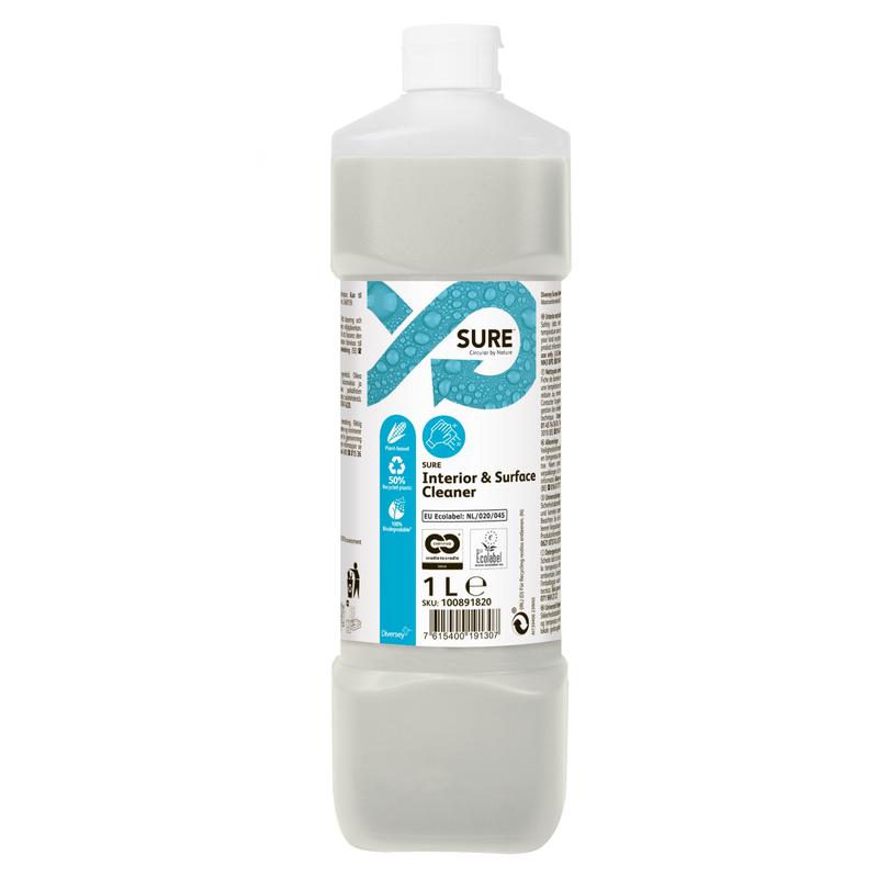 A 1-liter bottle of SURE Interior & Surface Cleaner, an all-purpose cleaner from Diversey Deutschland GmbH & Co. OHG, with a white cap and blue-white label. The clear or slightly cloudy liquid is biodegradable and environmentally friendly.