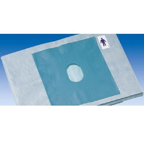 The Paul Hartmann AG FD P Extremity Drape 130x150*Ø3 is a rectangular, blue drape with a central, circular opening and a person icon in the top right, providing reliable medical coverage. Package (23 pieces).